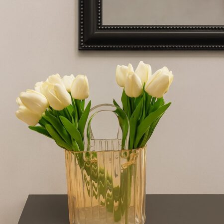 DEKORATİF CAM ÇANTA VAZO GOLD