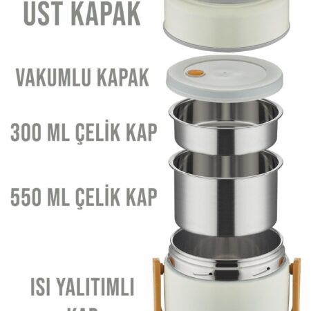 ÇELİK YEMEK TERMOSU ISI YALITIMLI 2 KASELİ 1.6LT SIZDIRMAZ VAKUMLU KAP TAŞIMA KULPLU — ikinci görsel