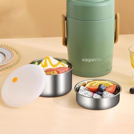 ÇELİK YEMEK TERMOSU ISI YALITIMLI 2 KASELİ 1.6LT SIZDIRMAZ VAKUMLU KAP TAŞIMA KULPLU