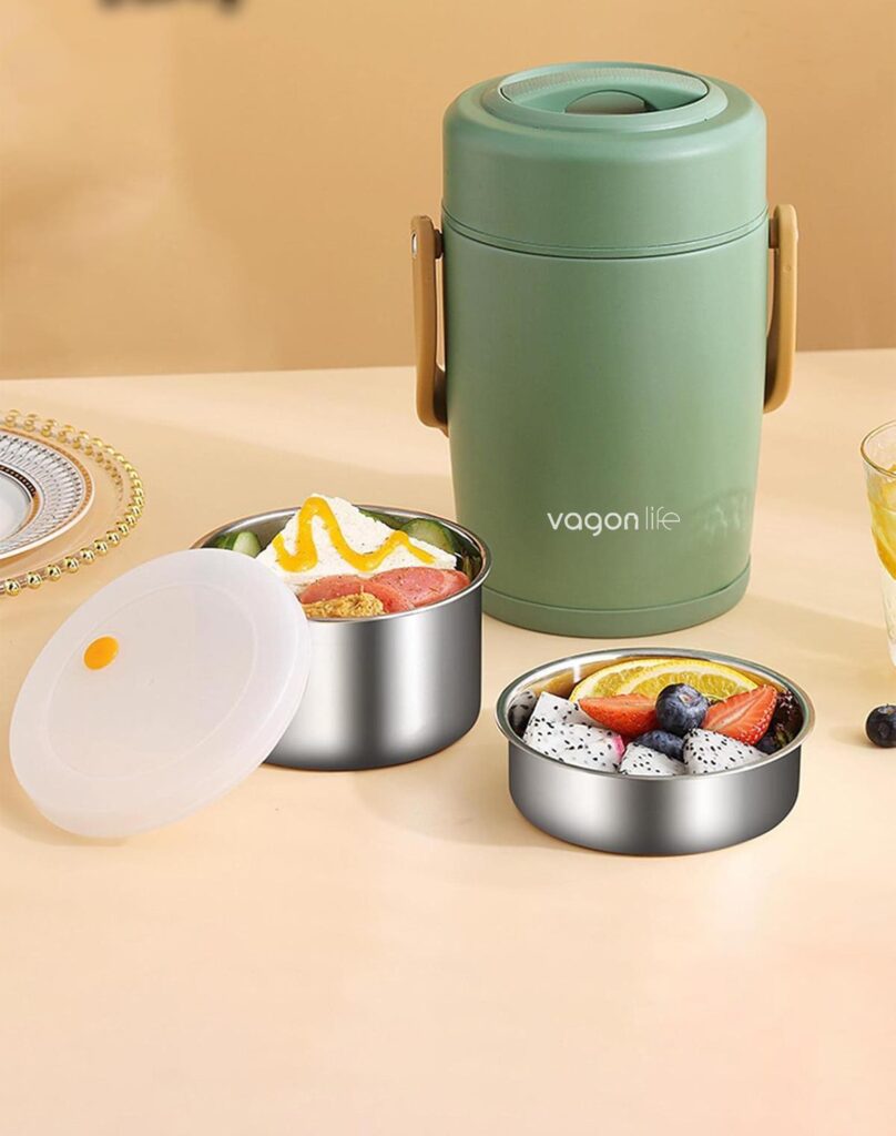 ÇELİK YEMEK TERMOSU ISI YALITIMLI 2 KASELİ 1.6LT SIZDIRMAZ VAKUMLU KAP TAŞIMA KULPLU