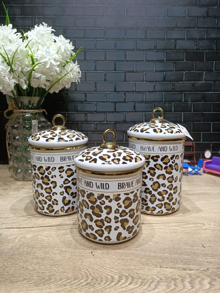 LEOPAR DESEN EMAYE 3LÜ BÜYÜK KAVANOZ SET
