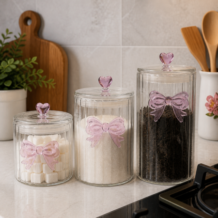 💗 Fiyonk & Kalp Detaylı 3’lü Cam Saklama Kabı Seti Vakum Kapaklı 1000-1400-1800 ML — ikinci görsel
