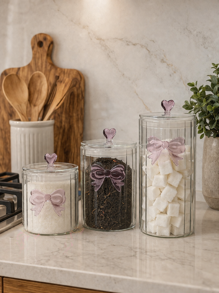💗 Fiyonk & Kalp Detaylı 3’lü Cam Saklama Kabı Seti Vakum Kapaklı 1000-1400-1800 ML