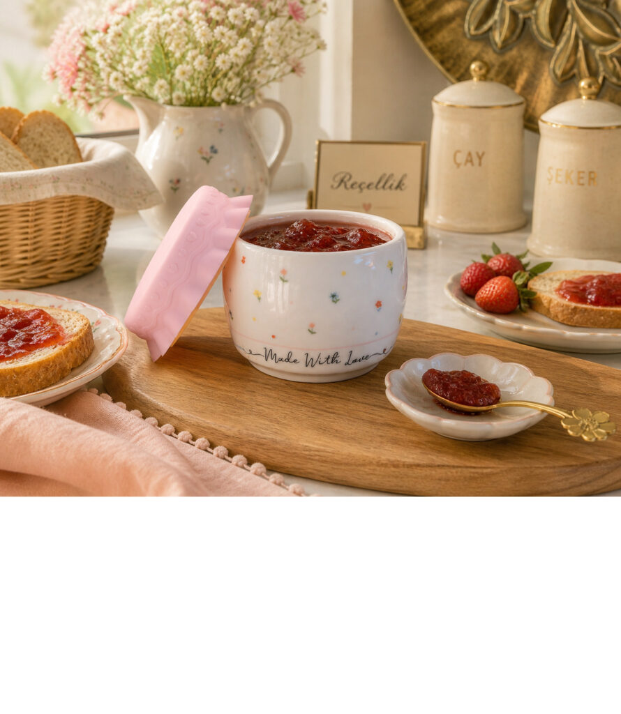ÇİÇEK DESEN SİLİKON KAPAKLI PORSELEN SAKLAMA KABI REÇELLİK 200 ML