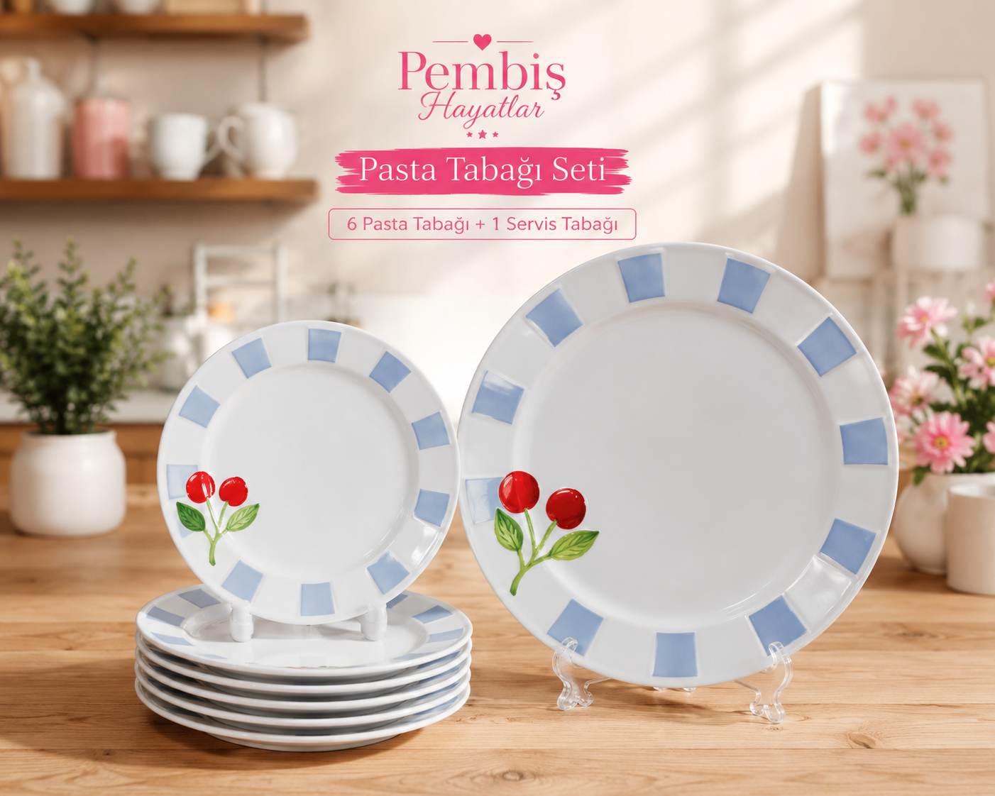 KİRAZ DESENLİ PORSELEN 7 PARÇA SERVİS VE PASTA TABAĞI SETİ