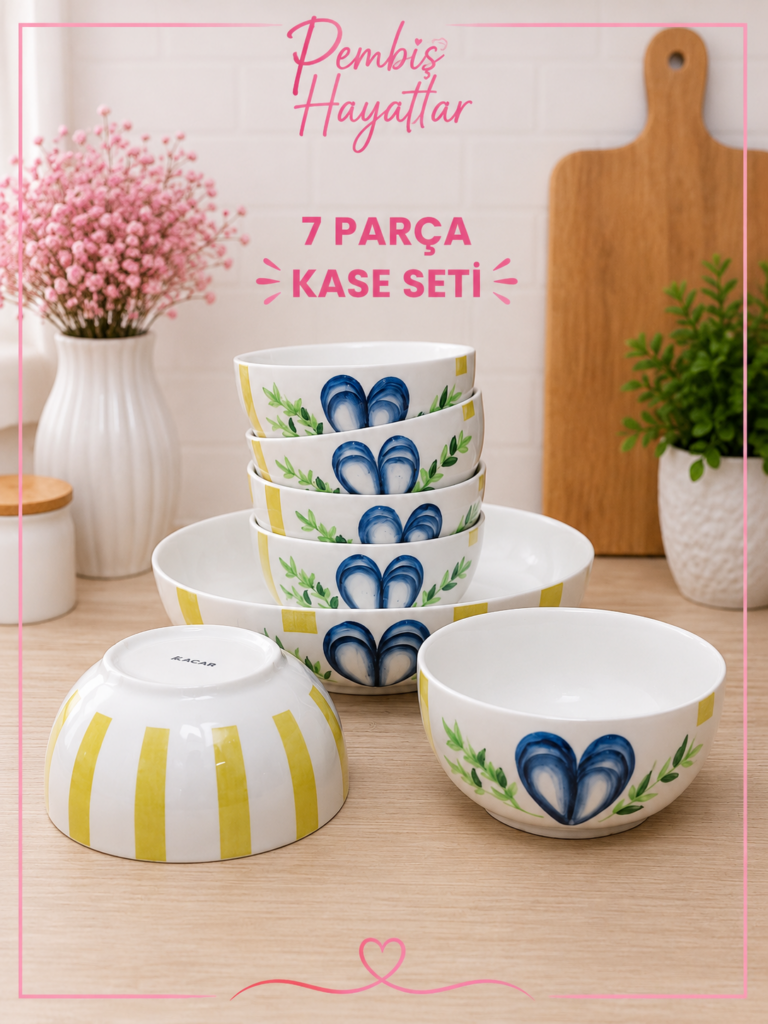 KABARTMALI KALP DESENLİ PORSELEN 7 PARÇA KASE SETİ