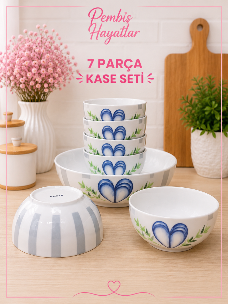 KABARTMALI KALP DESENLİ PORSELEN 7 PARÇA KASE SETİ
