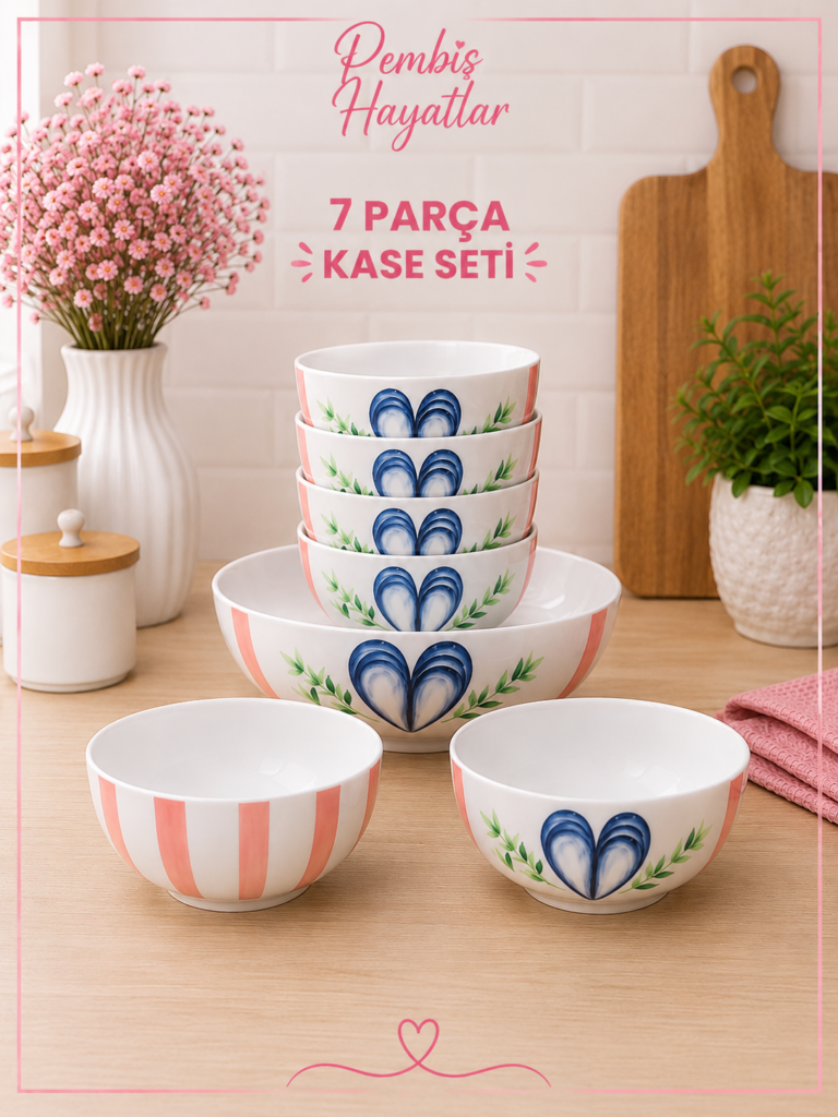 KABARTMALI KALP DESENLİ PORSELEN 7 PARÇA KASE SETİ