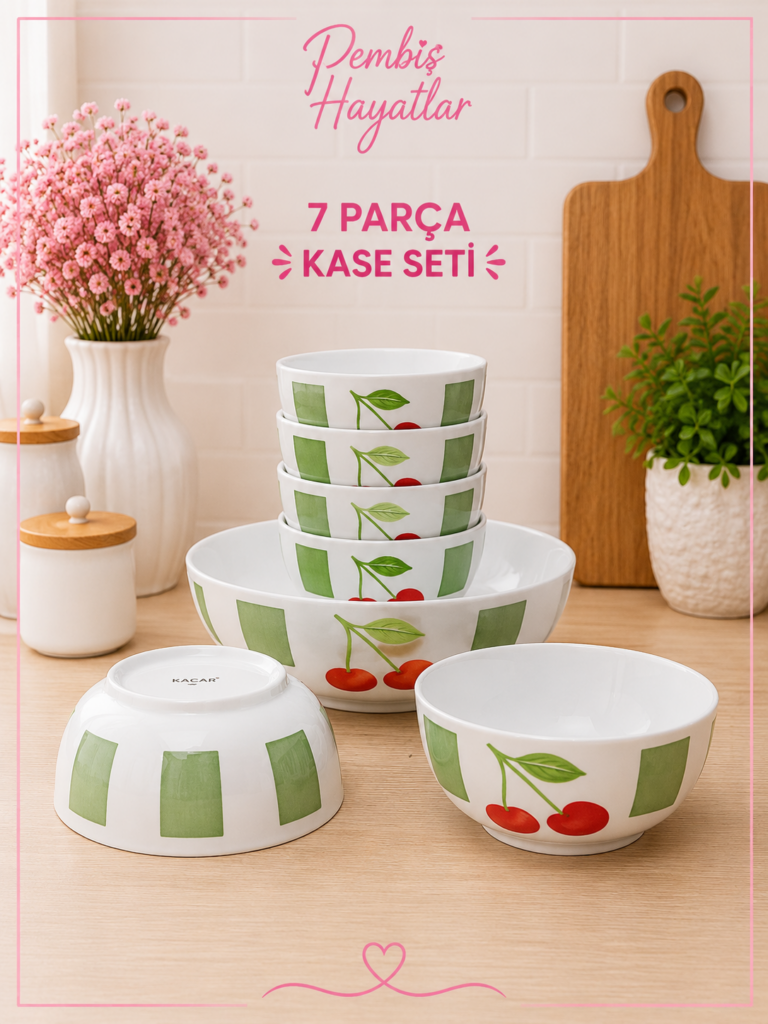 KİRAZ DESENLİ PORSELEN 7 PARÇA KASE SETİ