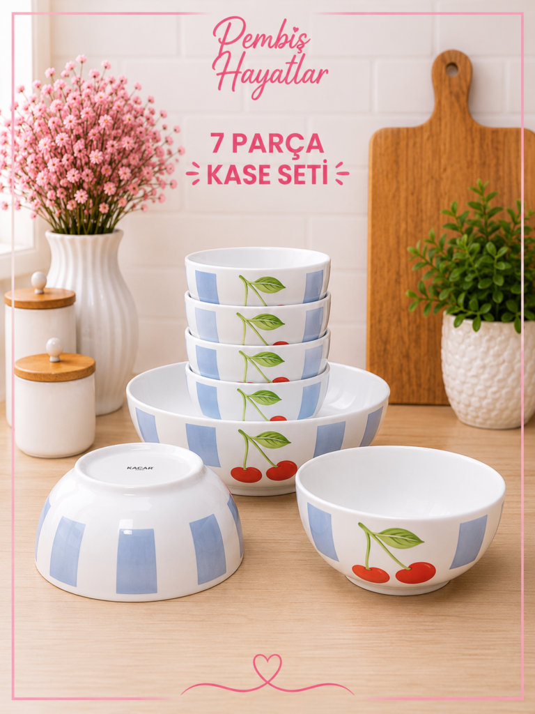 KİRAZ DESENLİ PORSELEN 7 PARÇA KASE SETİ