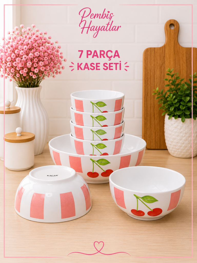 KİRAZ DESENLİ PORSELEN 7 PARÇA KASE SETİ
