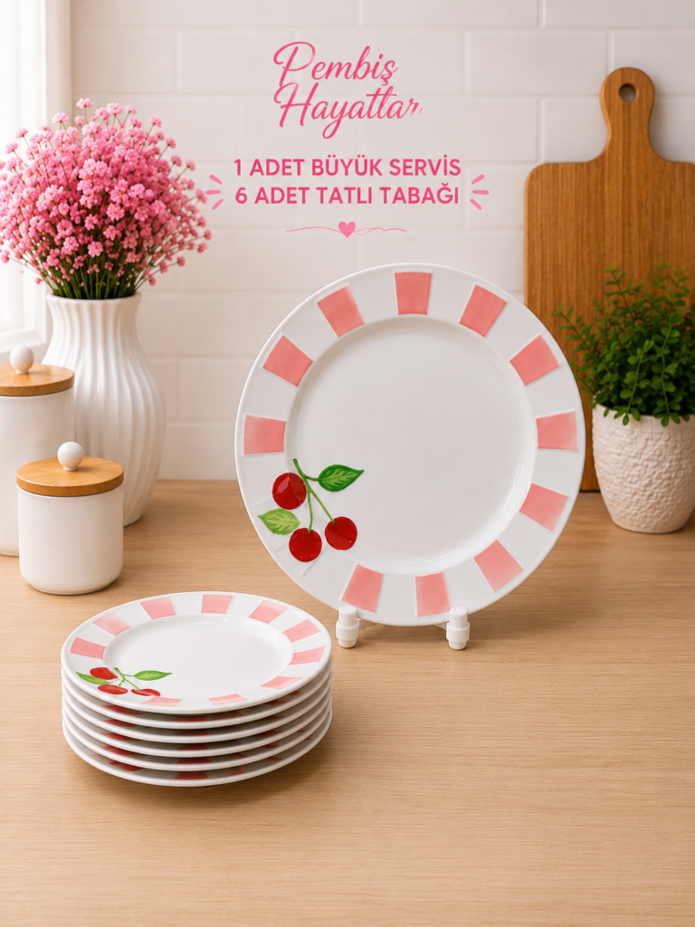 KİRAZ DESENLİ PORSELEN 7 PARÇA SERVİS VE PASTA TABAĞI SETİ