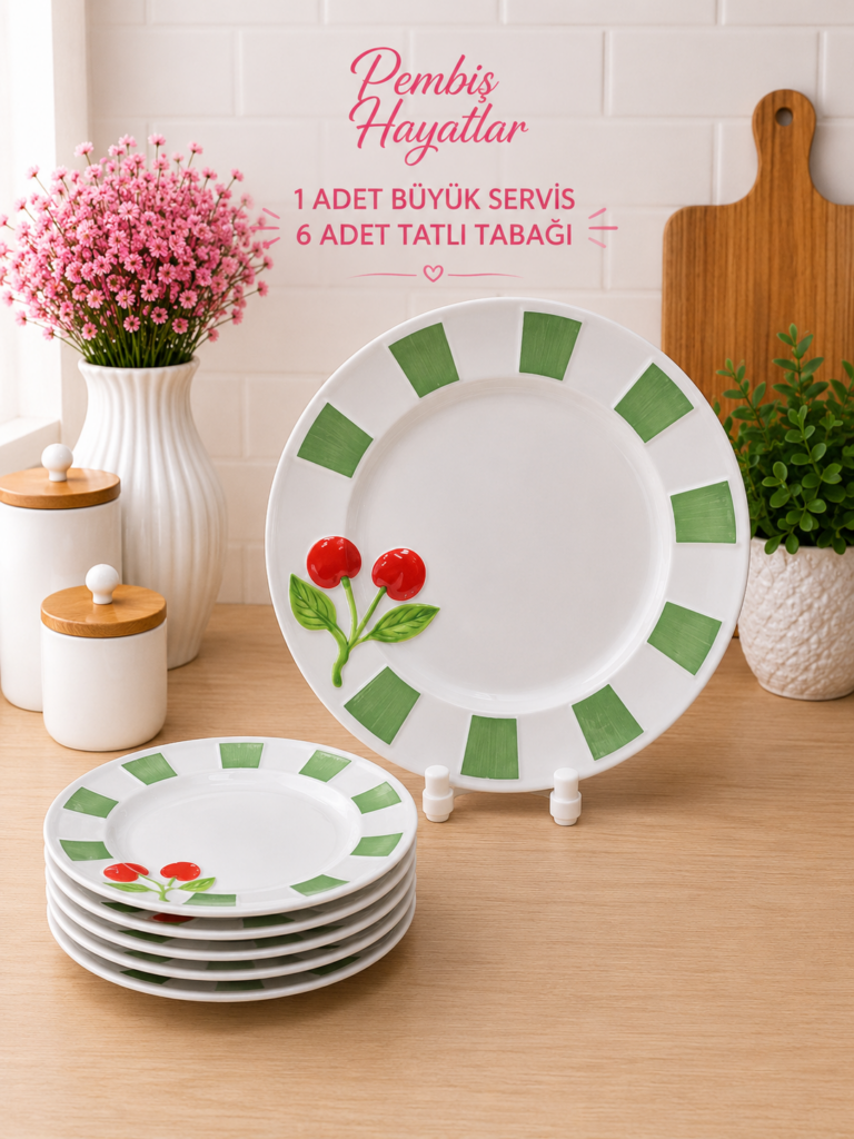 KİRAZ DESENLİ PORSELEN 7 PARÇA SERVİS VE PASTA TABAĞI SETİ