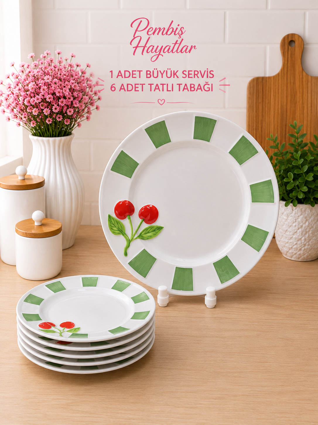 KİRAZ DESENLİ PORSELEN 7 PARÇA SERVİS VE PASTA TABAĞI SETİ