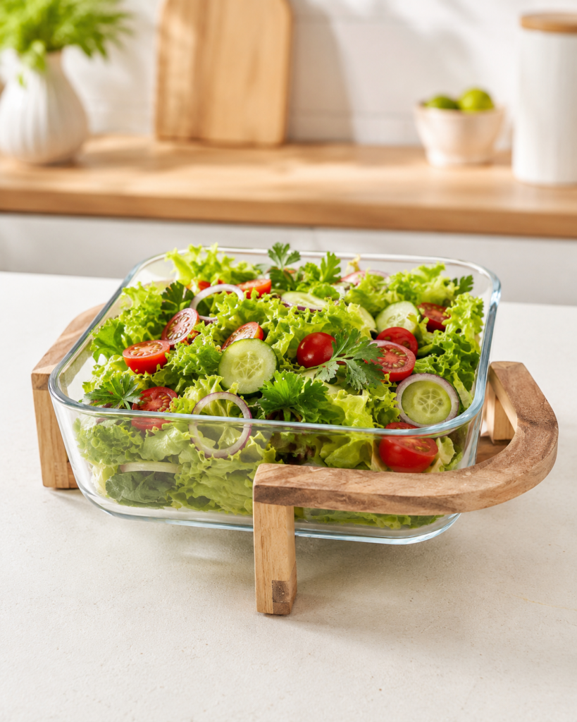 AKASYA AHŞAP DETAYLI CAM SALATA KASESİ 30 CM
