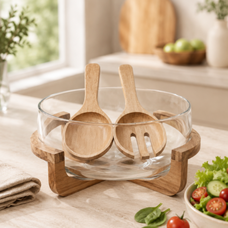 AKASYA AHŞAP DETAYLI CAM SALATA KASESİ 30 CM – 2 SERVİS KAŞIKLI — ikinci görsel