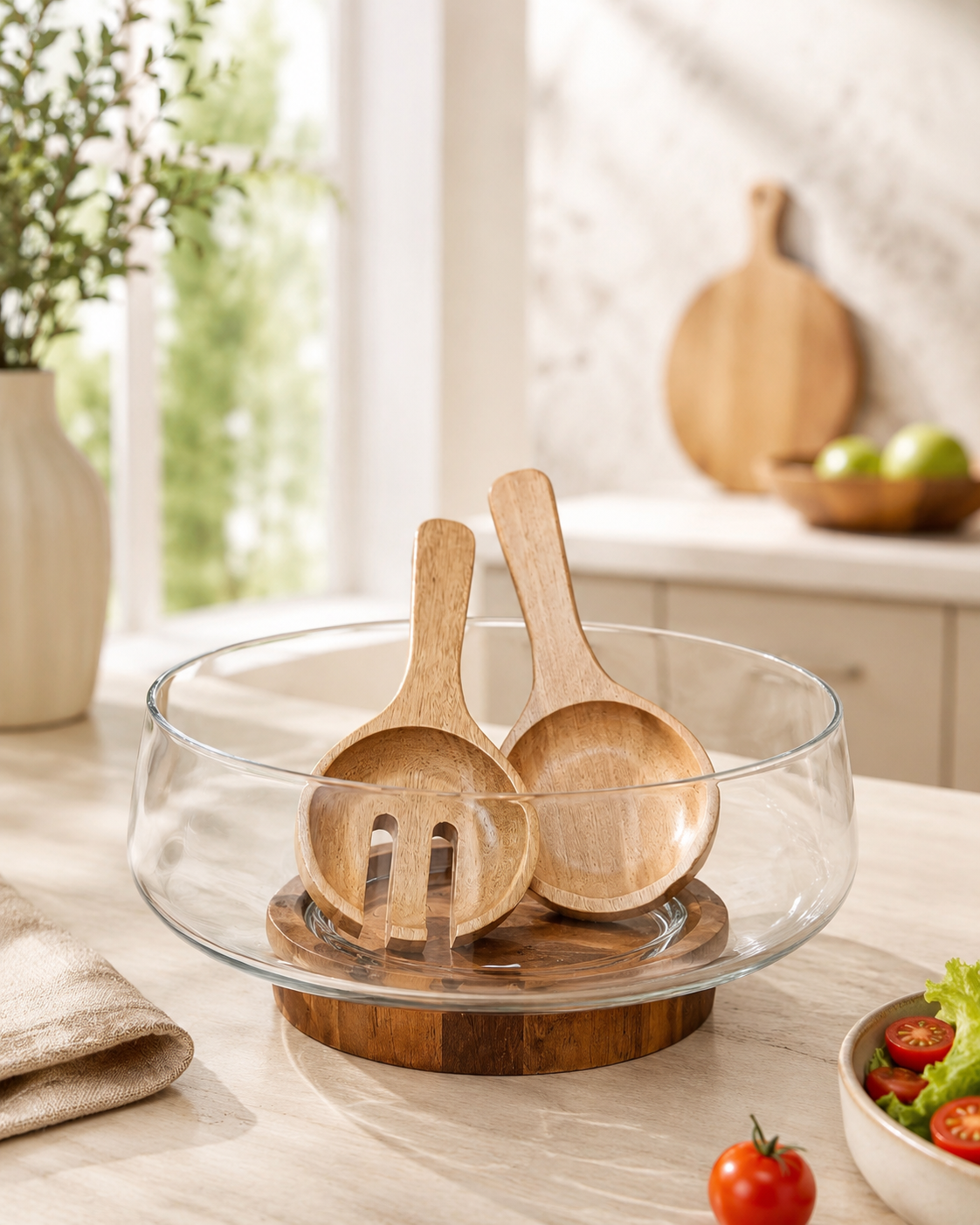 AKASYA AHŞAP DETAYLI CAM SALATA KASESİ 26 CM – 2 SERVİS KAŞIKLI - Görsel 2