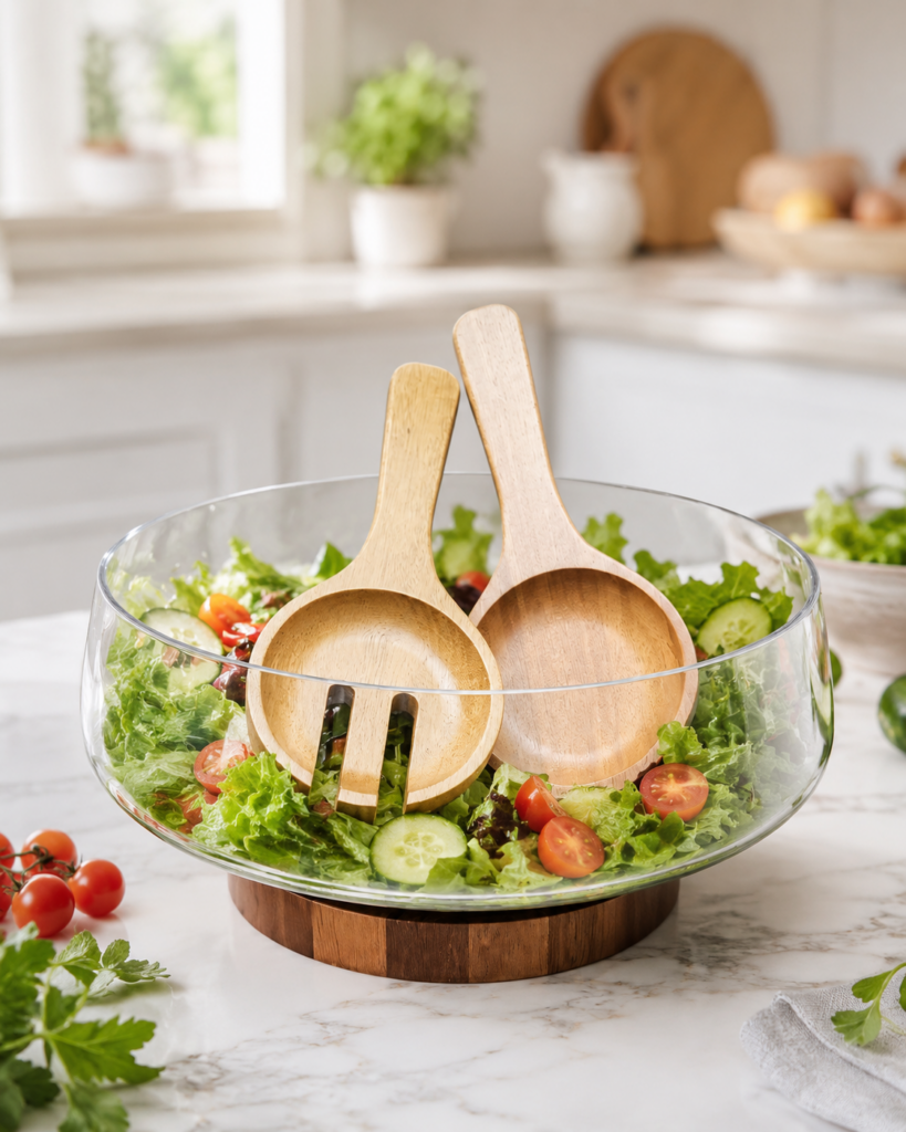 AKASYA AHŞAP DETAYLI CAM SALATA KASESİ 26 CM – 2 SERVİS KAŞIKLI