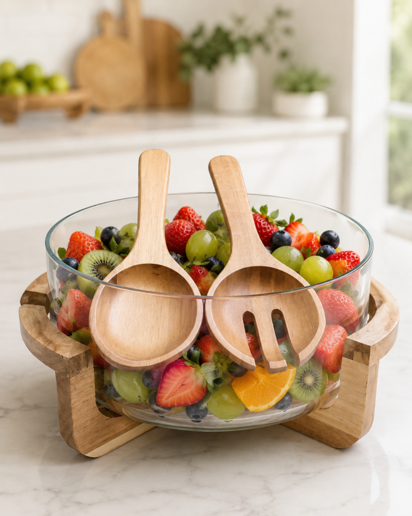 AKASYA AHŞAP DETAYLI CAM SALATA KASESİ 30 CM – 2 SERVİS KAŞIKLI