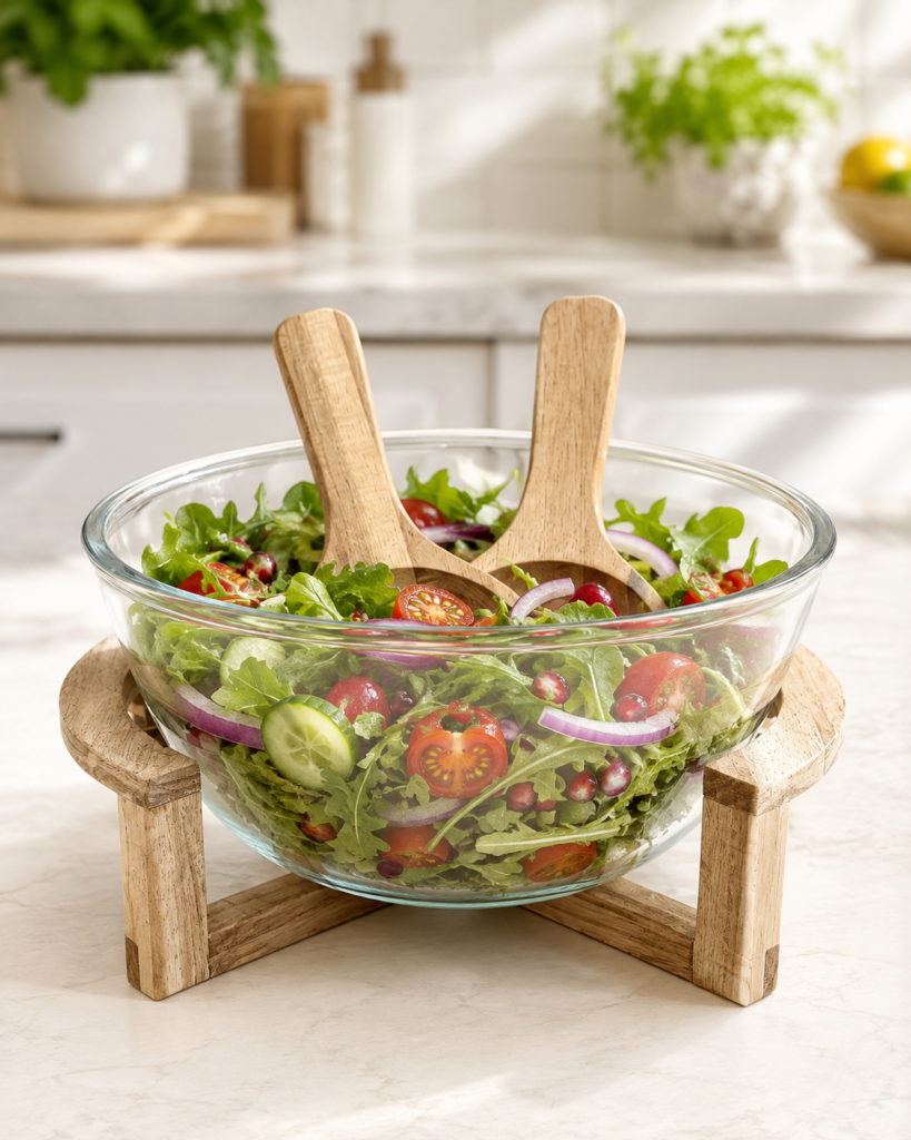 AKASYA AHŞAP DETAYLI CAM SALATA KASESİ 25 CM – 2 SERVİS KAŞIKLI