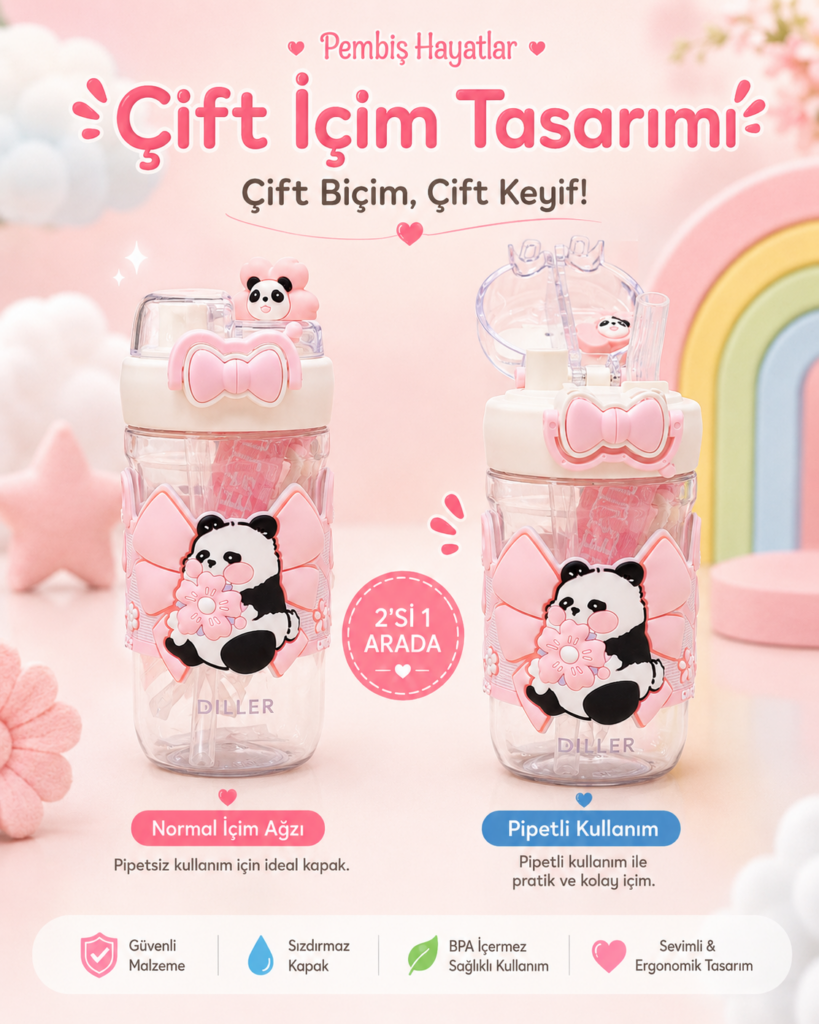 ÇOCUKLAR İÇİN BOYUN ASKILI PİPETLİ SU MATARASI – KREŞ VE İLKOKUL İÇİN 600 ML