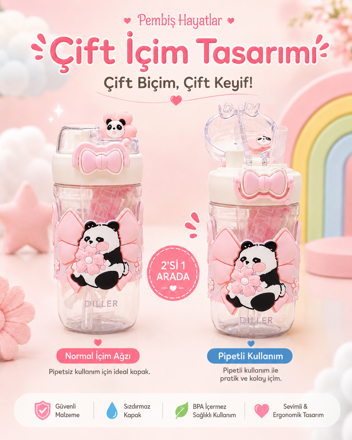ÇOCUKLAR İÇİN BOYUN ASKILI PİPETLİ SU MATARASI – KREŞ VE İLKOKUL İÇİN 600 ML