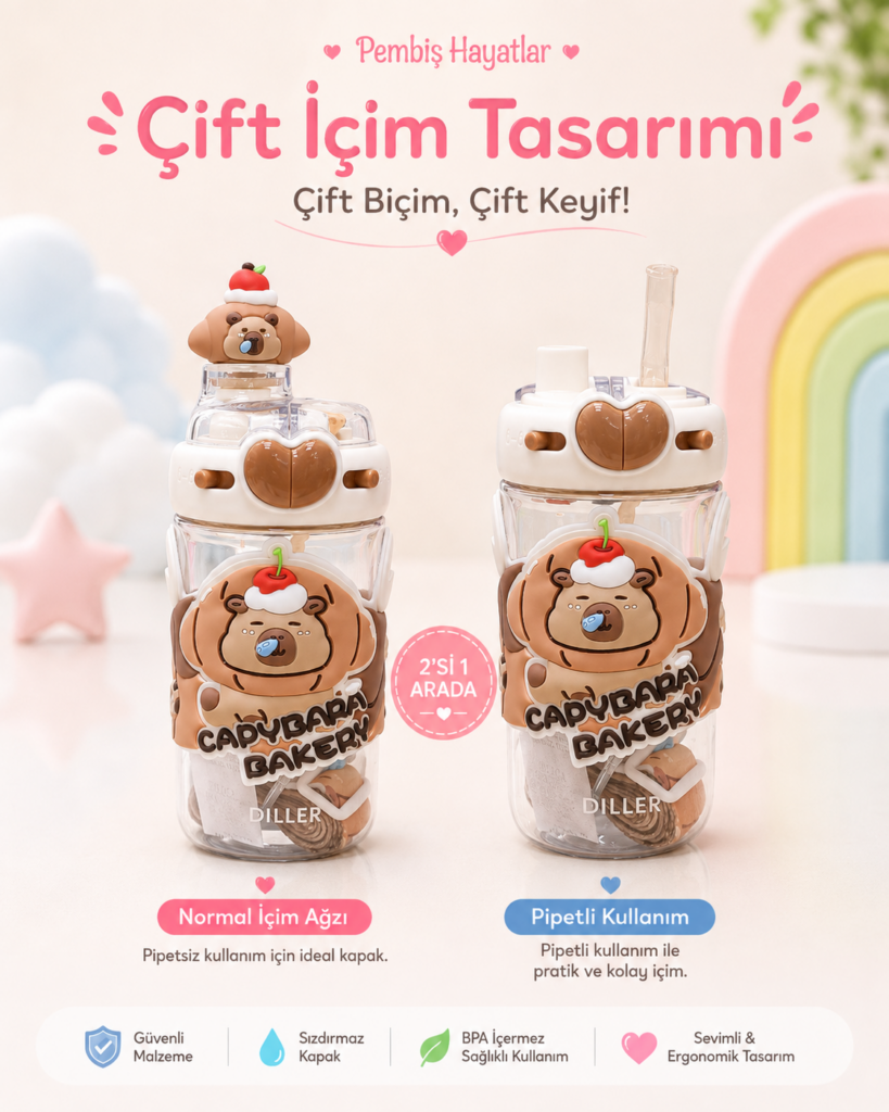 ÇOCUKLAR İÇİN BOYUN ASKILI PİPETLİ SU MATARASI – KREŞ VE İLKOKUL İÇİN 600 ML