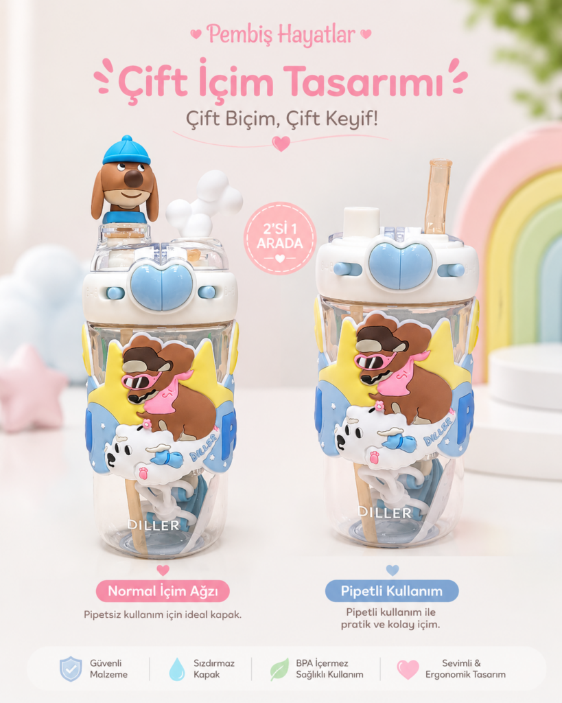ÇOCUKLAR İÇİN BOYUN ASKILI PİPETLİ SU MATARASI – KREŞ VE İLKOKUL İÇİN 600 ML