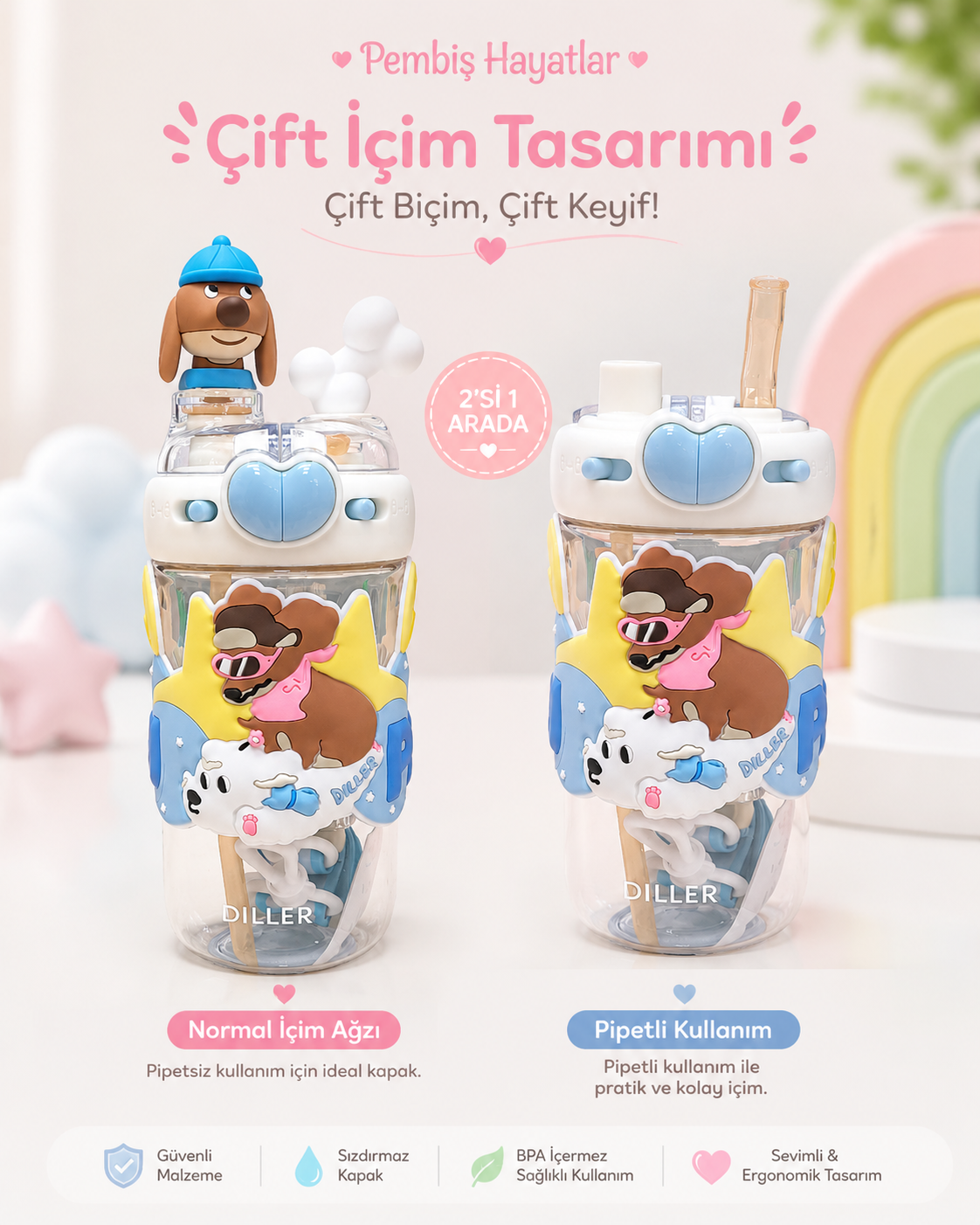 ÇOCUKLAR İÇİN BOYUN ASKILI PİPETLİ SU MATARASI – KREŞ VE İLKOKUL İÇİN 600 ML