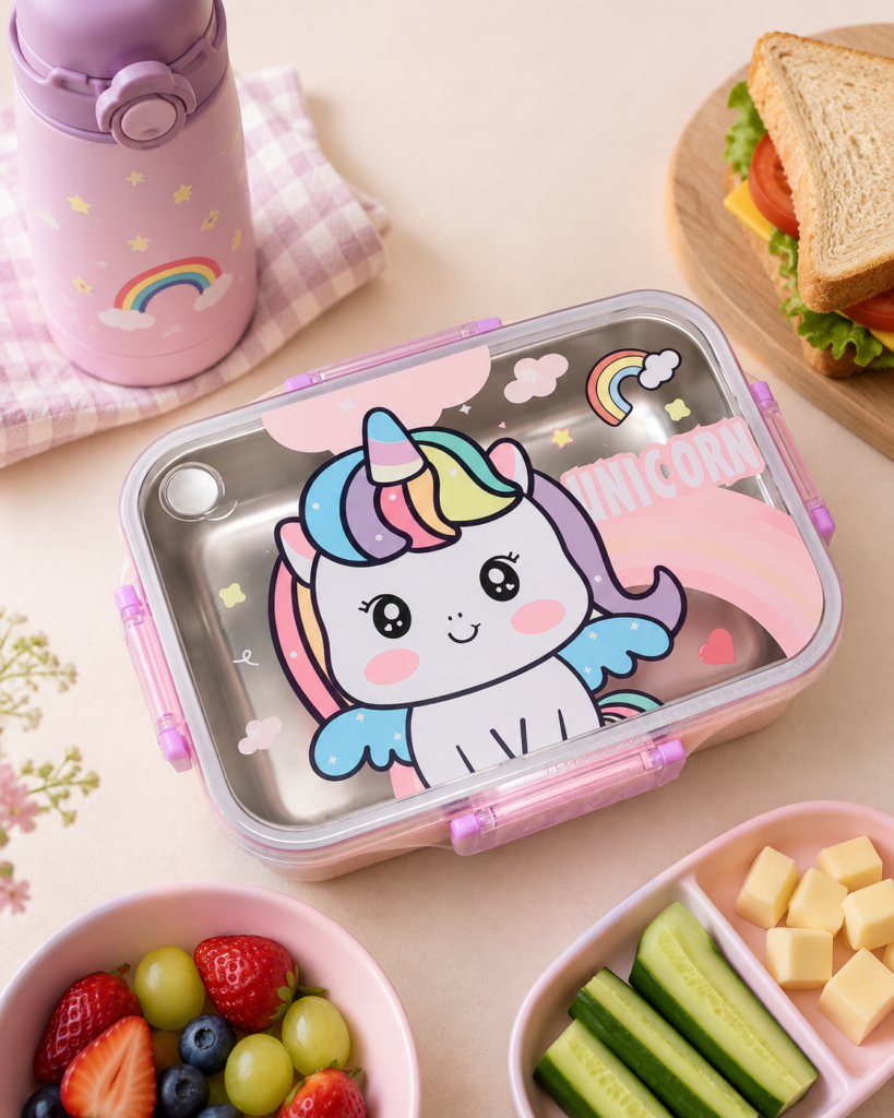 ÇOCUK ÇELİK LUNCH BOX – BÖLMELİ SEVİMLİ DESENLİ BESLENME KUTUSU