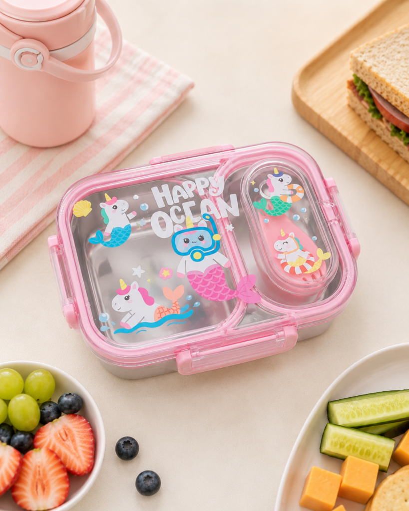 ÇOCUK ÇELİK LUNCH BOX – BÖLMELİ SEVİMLİ DESENLİ BESLENME KUTUSU