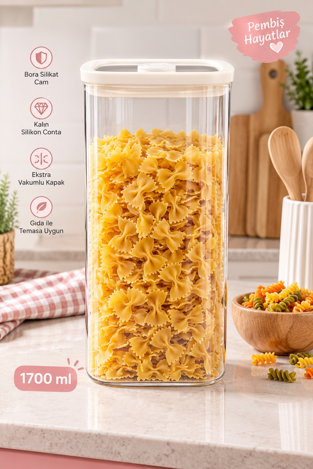 BORASİLİKAT CAM KREM SİLİKON VAKUM KAPAKLI KAVANOZ - 1700 ML