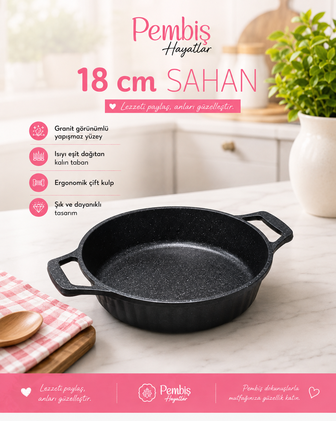 18 CM GRANİT SAHAN SETİ | ÇİFT KULPLU YAPIŞMAZ SAHAN