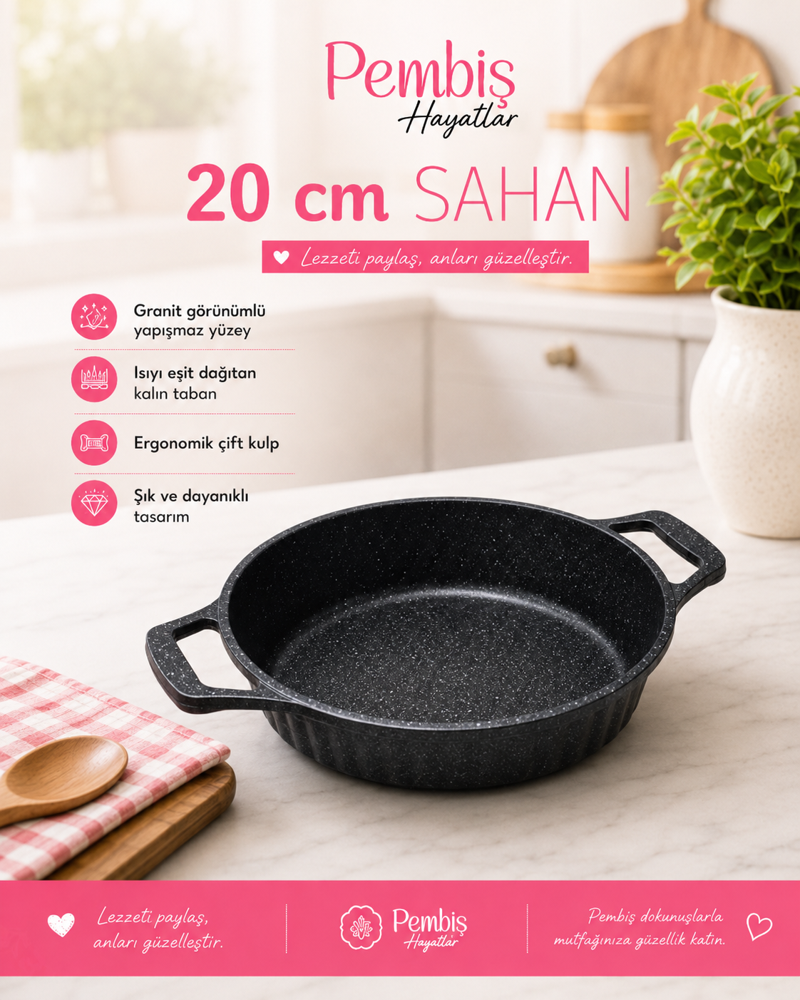 20 CM GRANİT SAHAN SETİ | ÇİFT KULPLU YAPIŞMAZ SAHAN