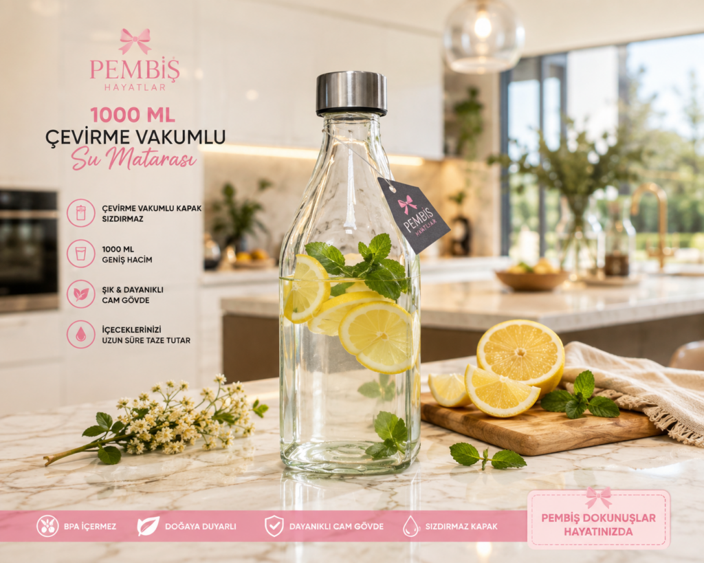 1000 ML ÇEVİRME VAKUMLU KAPAKLI CAM SU MATARASI