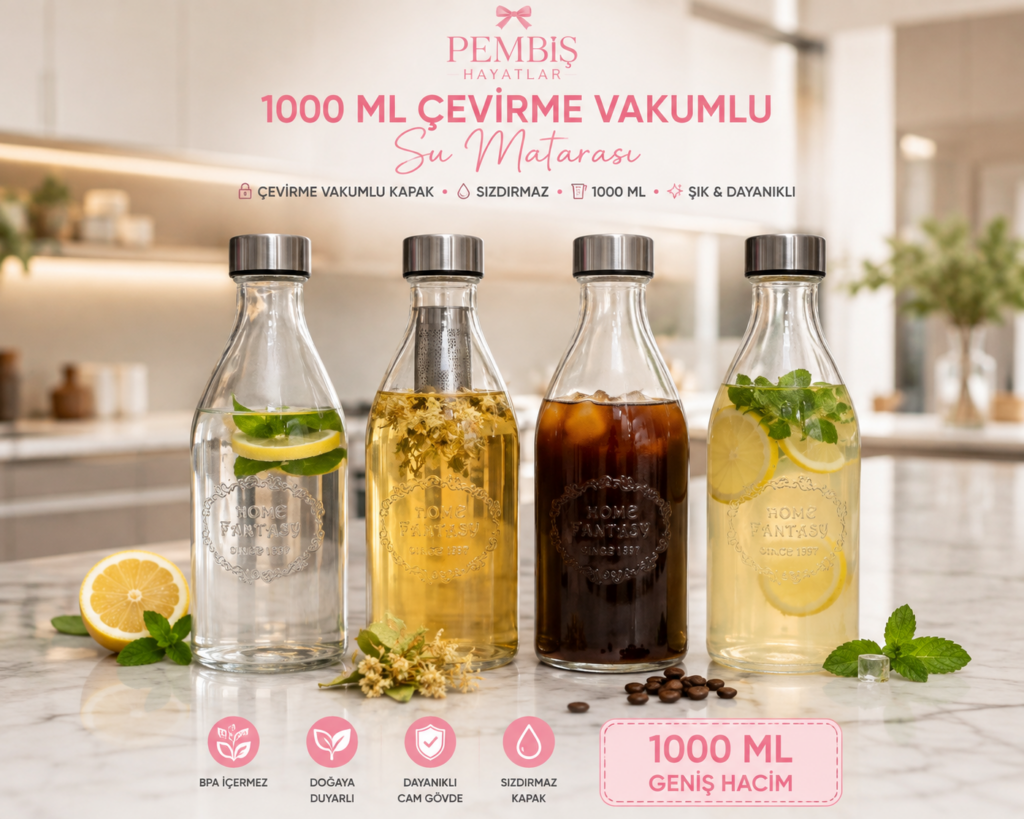1000 ML ÇEVİRME VAKUMLU KAPAKLI CAM SU MATARASI