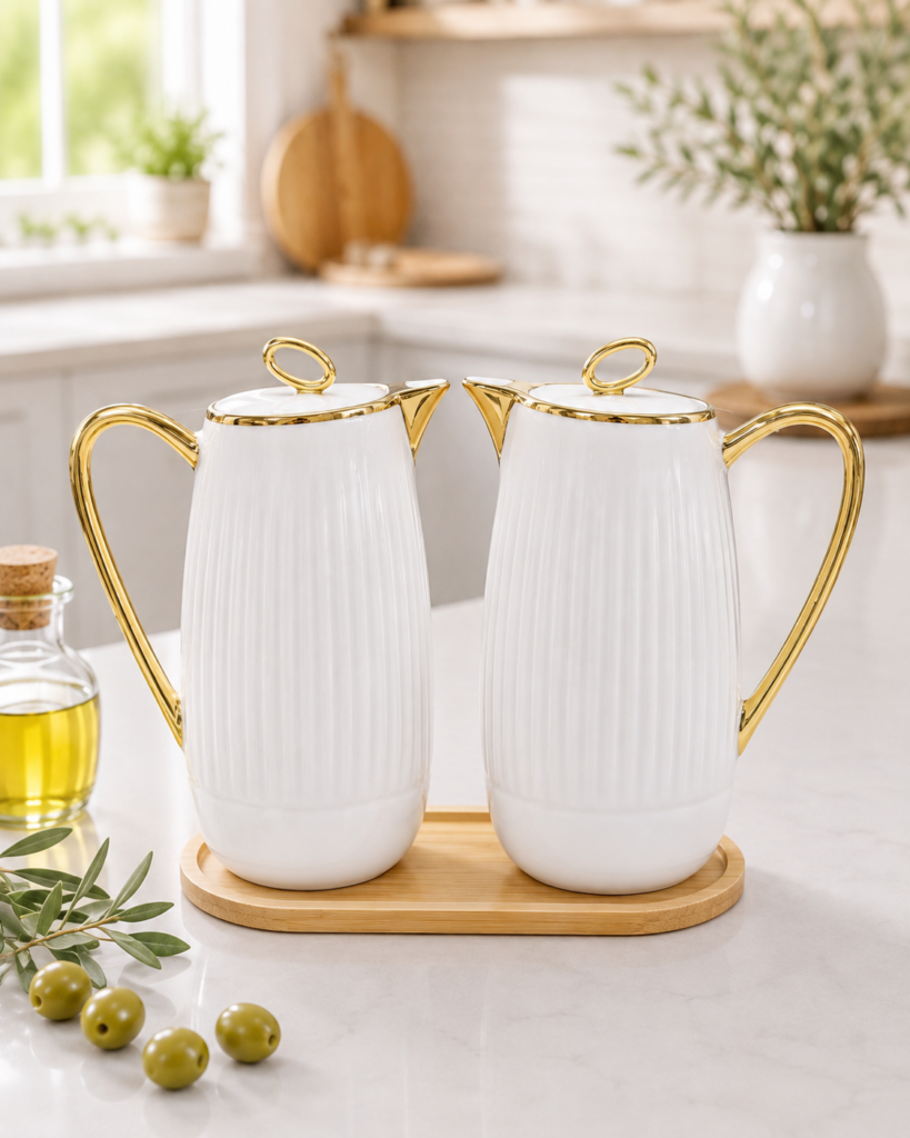 2’Lİ PORSELEN YAĞLIK SETİ 1 LT – BAMBU ALTLIK HEDİYELİ, GOLD DETAYLI ŞIK YAĞDANLIK