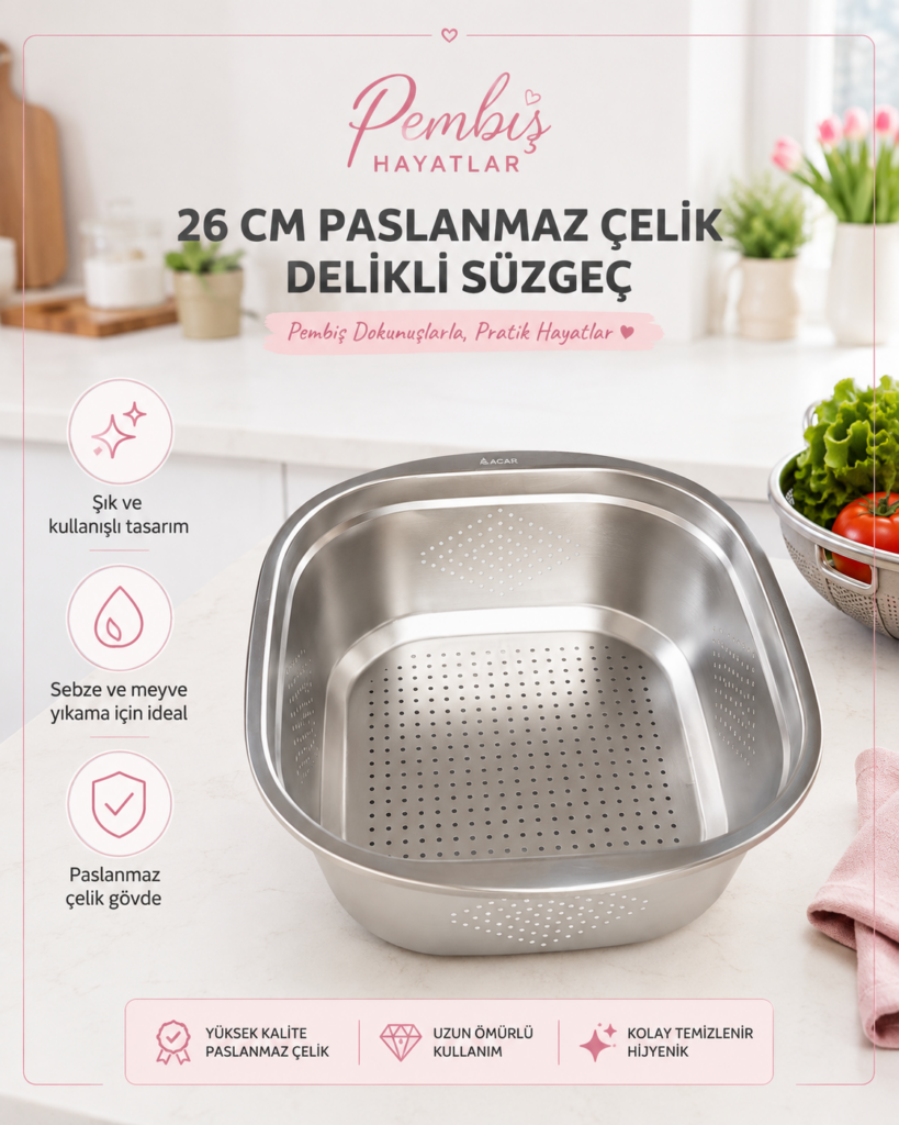 26 CM PASLANMAZ ÇELİK DELİKLİ SÜZGEÇ – SEBZE, PİRİNÇ VE BAKLİYAT SÜZGEÇ
