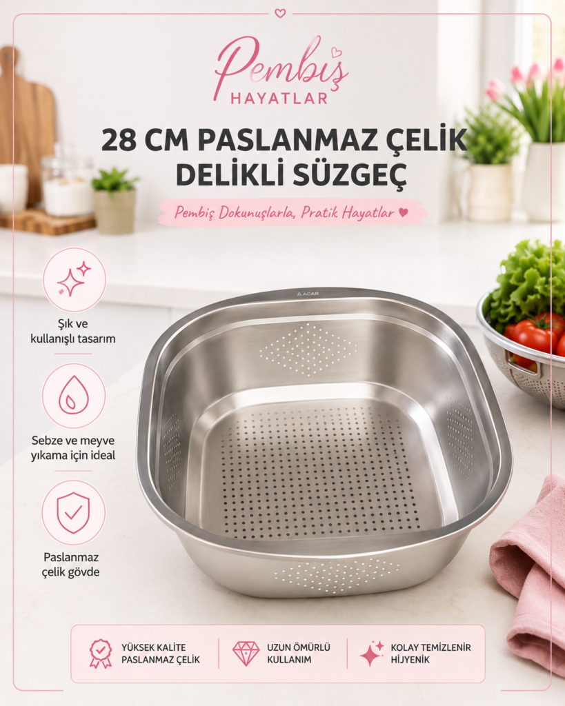 28 CM BÜYÜK BOY PASLANMAZ ÇELİK DELİKLİ SÜZGEÇ – SEBZE VE BAKLİYAT SÜZGEÇ