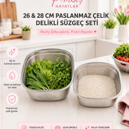 26-28 CM PASLANMAZ ÇELİK DELİKLİ SÜZGEÇ SETİ – 2’Lİ MUTFAK SÜZGEÇ SETİ — ikinci görsel