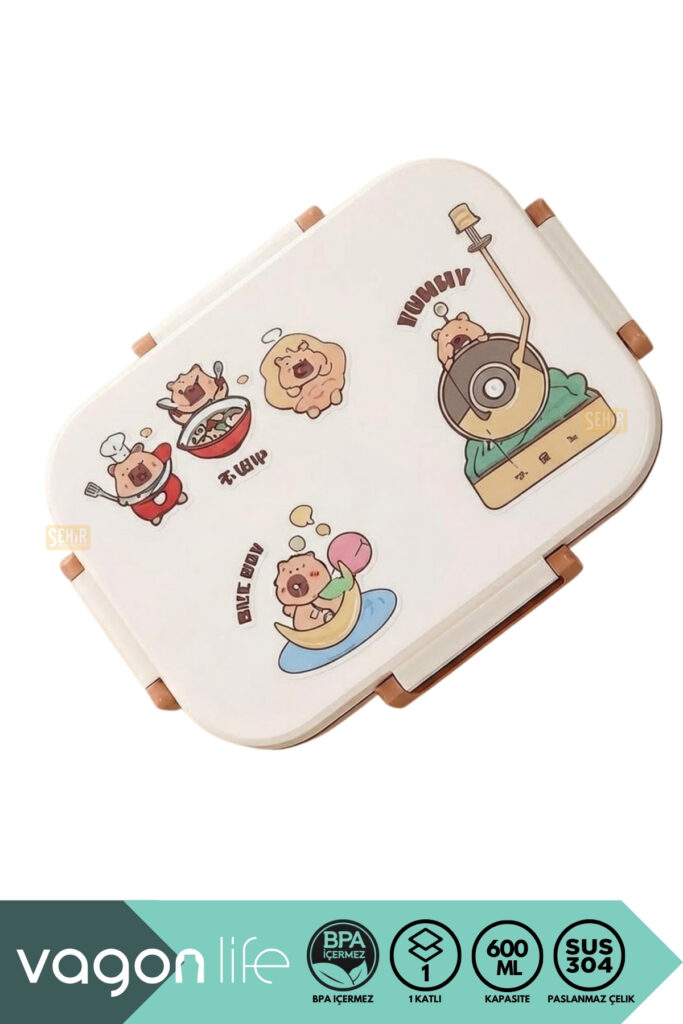 600ML LUNCHBOX CAPYBARA DESENLİ TEK KATLI 2 BÖLMELİ PASLANMAZ ÇELİK SEFER TASI YEMEK KUTUSU