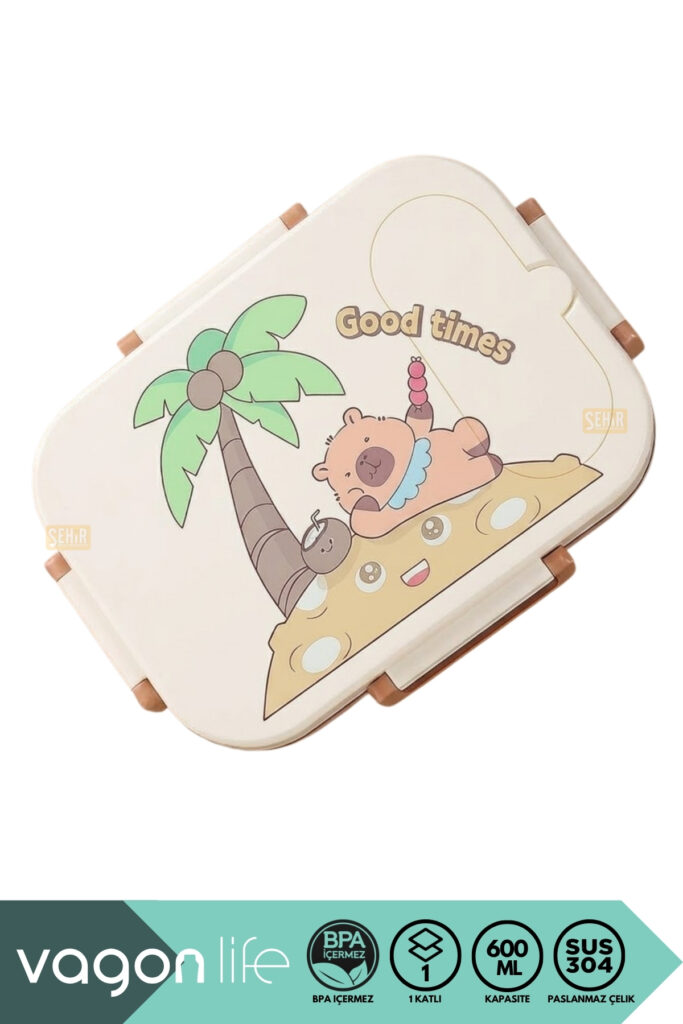 600ML LUNCHBOX CAPYBARA DESENLİ TEK KATLI 2 BÖLMELİ PASLANMAZ ÇELİK SEFER TASI YEMEK KUTUSU