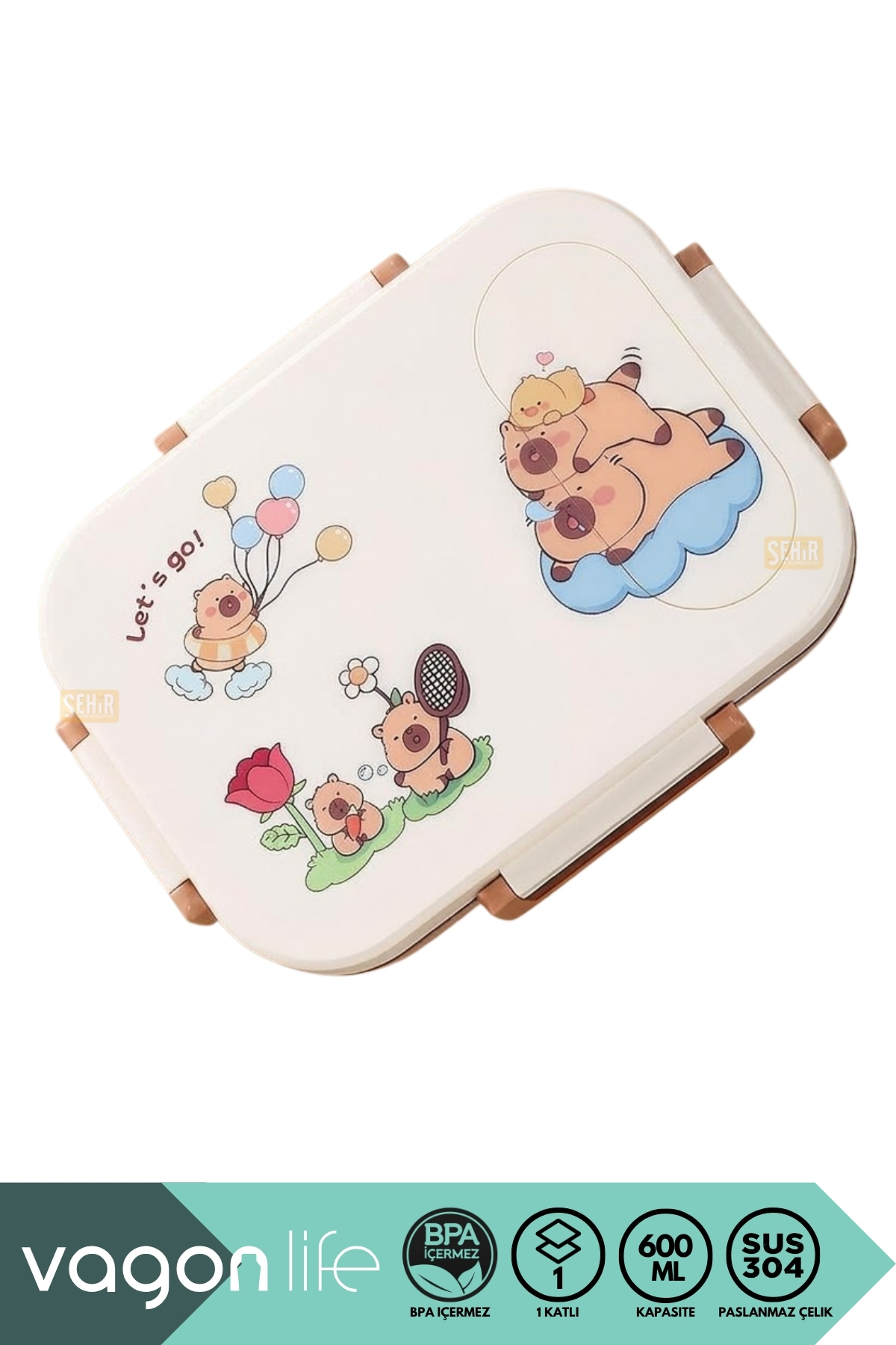 600ML LUNCHBOX CAPYBARA DESENLİ TEK KATLI 2 BÖLMELİ PASLANMAZ ÇELİK SEFER TASI YEMEK KUTUSU