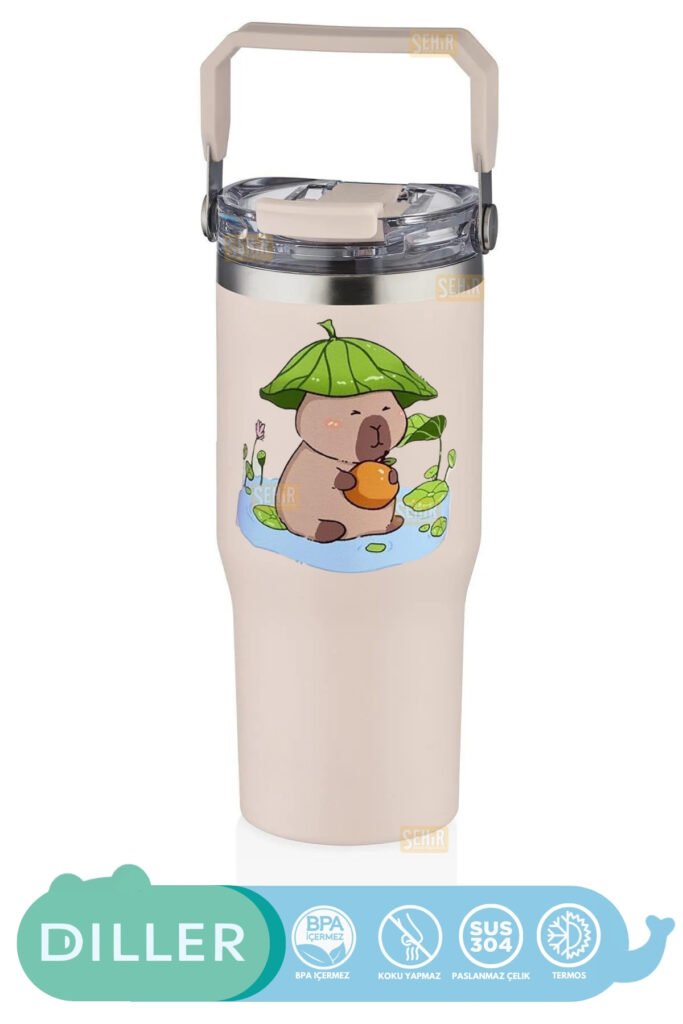 950ML SEVİMLİ KAPİBARA TUMBLER PİPETLİ/PİPETSİZ KULLANIM KULPLU PASLANMAZ ÇELİK CAPYBARA TERMOS
