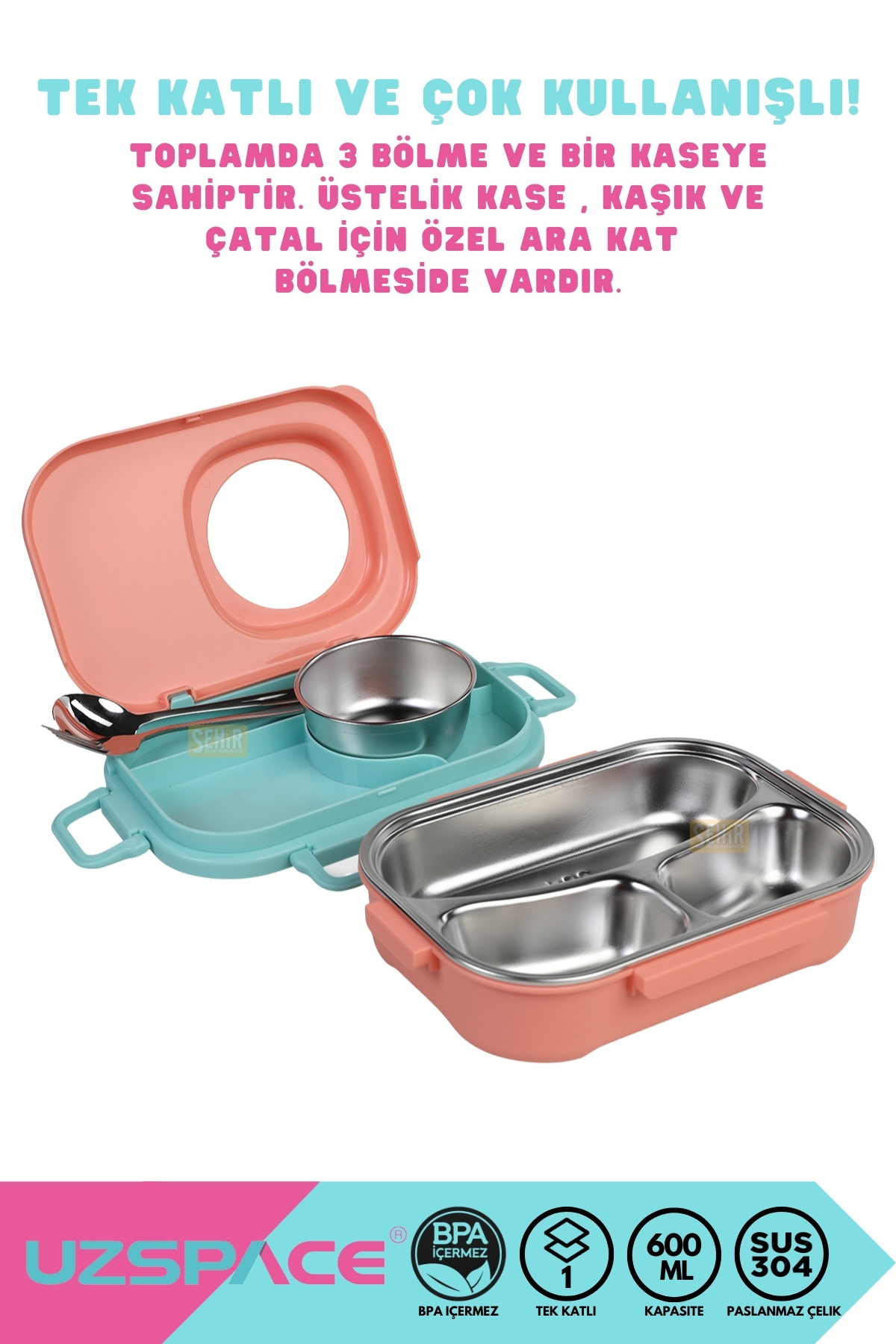 600ML LUNCHBOX YENİ KOLEKSİYON TEK KATLI 3 BÖLMELİ KASELİ ÇELİK SEFER TASI YEMEK KUTUSU - Görsel 2