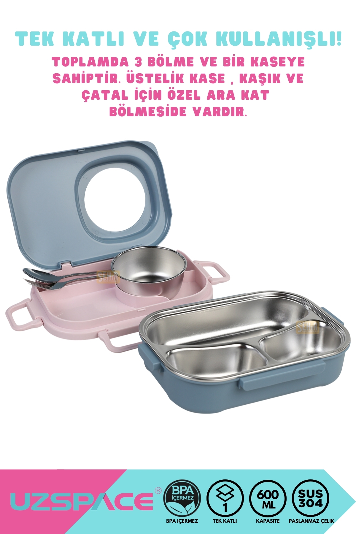 600ML LUNCHBOX YENİ KOLEKSİYON TEK KATLI 3 BÖLMELİ KASELİ ÇELİK SEFER TASI YEMEK KUTUSU - Görsel 2