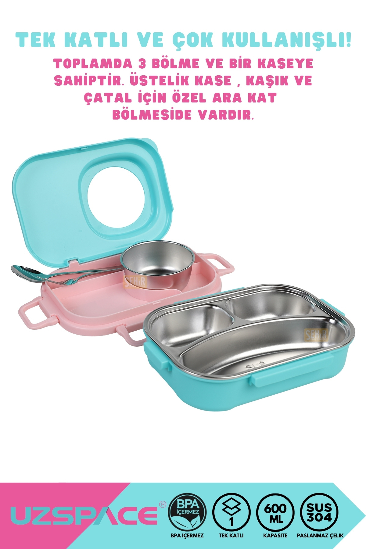600ML LUNCHBOX YENİ KOLEKSİYON TEK KATLI 3 BÖLMELİ KASELİ ÇELİK SEFER TASI YEMEK KUTUSU - Görsel 2