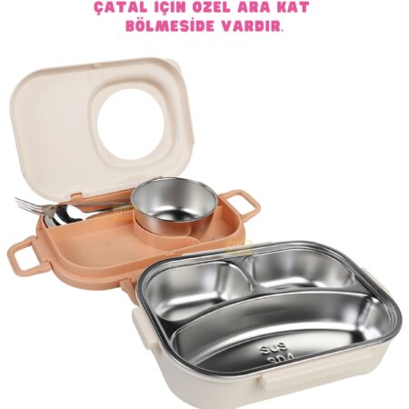 600ML LUNCHBOX YENİ KOLEKSİYON TEK KATLI 3 BÖLMELİ KASELİ ÇELİK SEFER TASI YEMEK KUTUSU — ikinci görsel