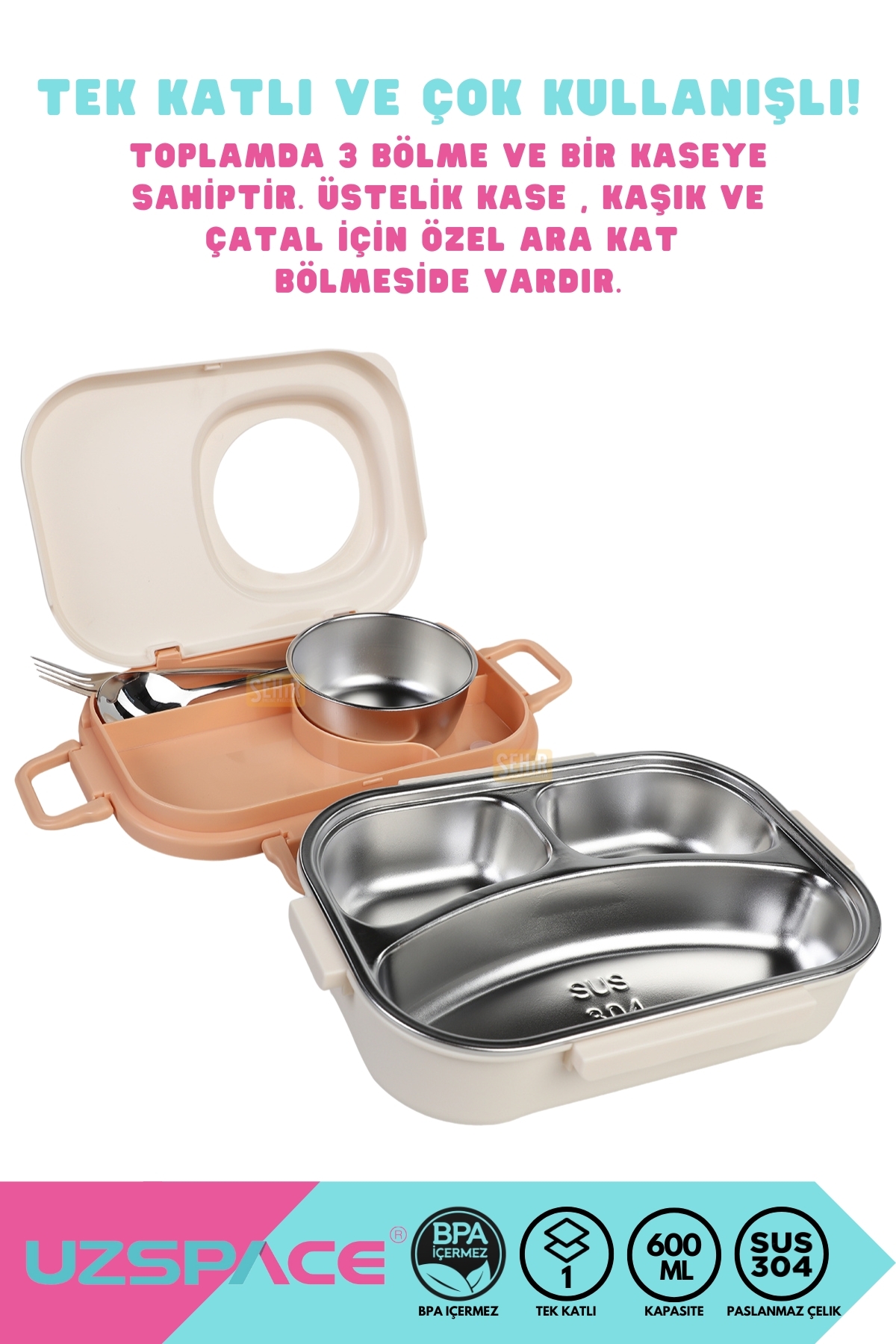 600ML LUNCHBOX YENİ KOLEKSİYON TEK KATLI 3 BÖLMELİ KASELİ ÇELİK SEFER TASI YEMEK KUTUSU - Görsel 2