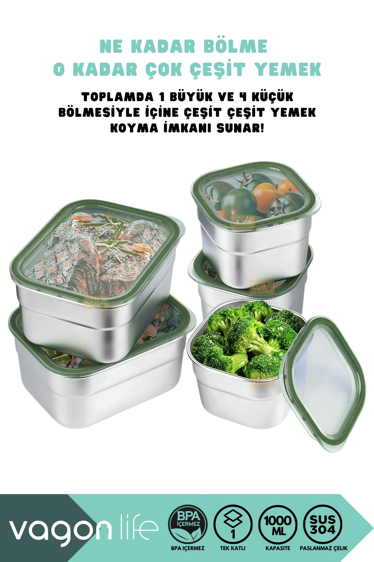 1000ML LUNCHBOX YENİ KOLEKSİYON TEK KATLI 5 BÖLMELİ ÇELİK SEFER TASI YEMEK KUTUSU - Görsel 2